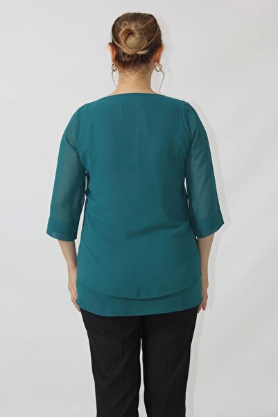 Moda Berray 1935 Model Chain Collar Chiffon Plus Size Blouse - Petrol Color