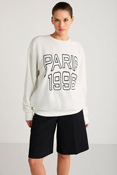 GRIMELANGE Dámská mikina s motivem města Cecılıa s detailním potiskem ze silné látky organická bavlna oversize ecru