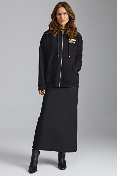 GRIMELANGE Leılany Women's 3 Thread Raised Back Print Detailed Regular Hooded Black Sweatshirt