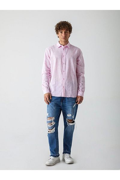Ltb Linen Look Classic Collar Pink Shirt