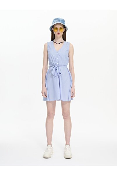 Ltb Çizgili Poplin Askılı Mavi Elbise