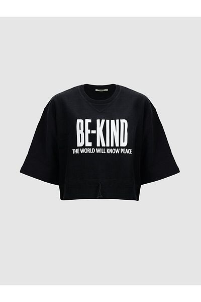 Ltb Slogan Printed Black T-shirt with Gathered Waist