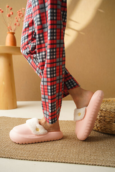 Taran Plush Women's Home Slippers - Button Detailed Slippers