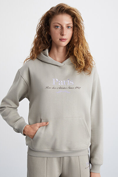 GRIMELANGE Taına Γυναικείο κέντημα με λεπτομέρεια από οργανικό βαμβάκι με θέμα την πόλη κανονική κουκούλα μπεζ φούτερ