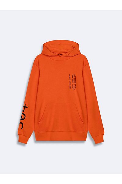 Ltb Contrast Printed Hooded Orange Sweatshirt