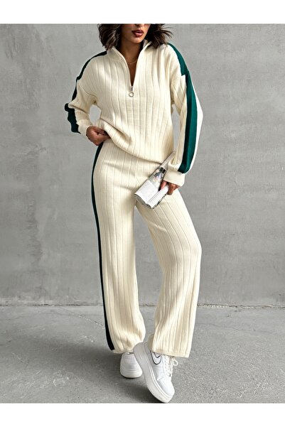 Lusin Női stílusos csíkos részletes Ecru pulóver Palazzo nadrág alsó felső kétrészes kötöttáru szett