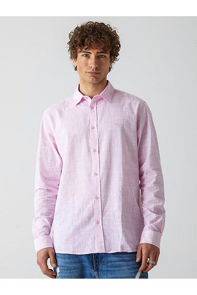 Ltb Linen Look Classic Collar Pink Shirt