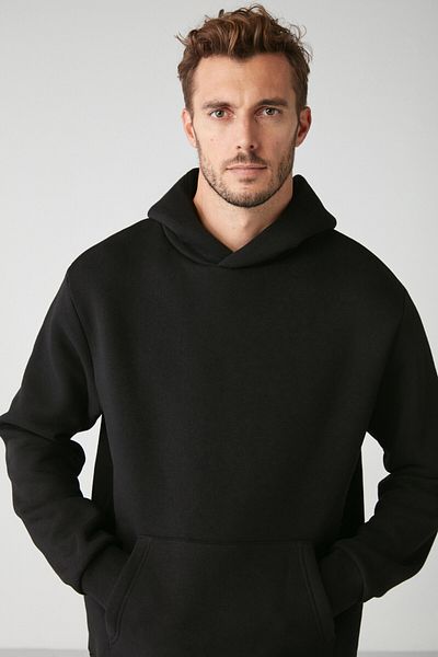 GRIMELANGE Pánská mikina Mordred z měkké tkaniny, 3 nitě, oversize černá mikina s kapucí a klokaní kapsou