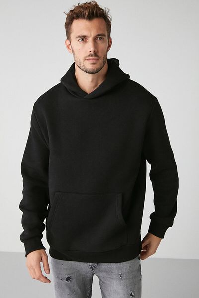 GRIMELANGE Pánská mikina Mordred z měkké tkaniny, 3 nitě, oversize černá mikina s kapucí a klokaní kapsou