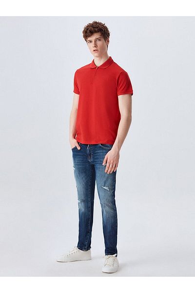Ltb Zippered Polo Collar Red T-shirt