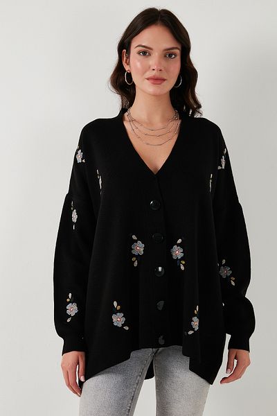 Lela Cardigan supradimensionat cu decolteu în V, cu nasturi, brodat cu flori 4616191