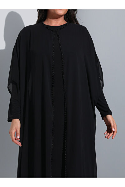 ALİA Plus Size Chiffon Ferace and Dress Set - Bead Detailed - Black - Alia