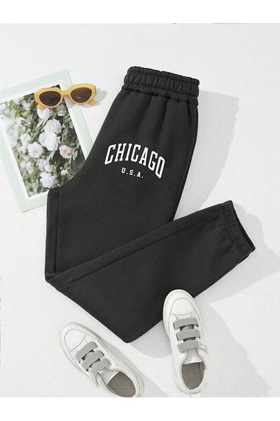 Boi Chicago U.S.A Sweatpants Jogger - Unisex Μαύρο εμπριμέ ψηλόμεσο λαστιχένιο πόδι