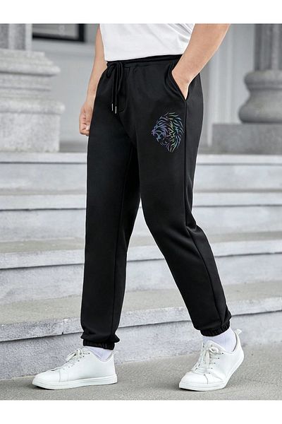 Boi Πολύχρωμο Lion Sweatpants Jogger - Μαύρο εμπριμέ ψηλόμεσο λαστιχένιο πόδι