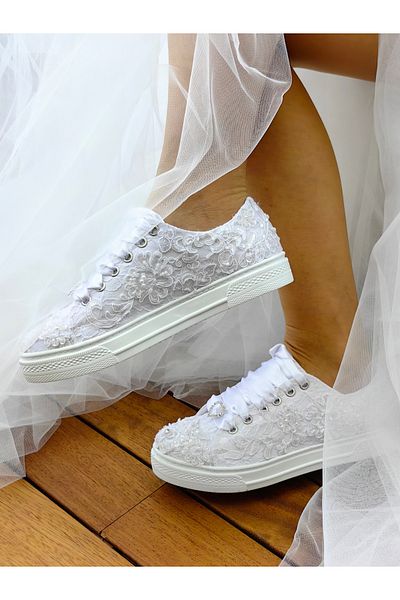 Ayakkabı Tutkusu Stilo ® Bridal Shoes Flat Sole White Applique Extremely Comfortable
