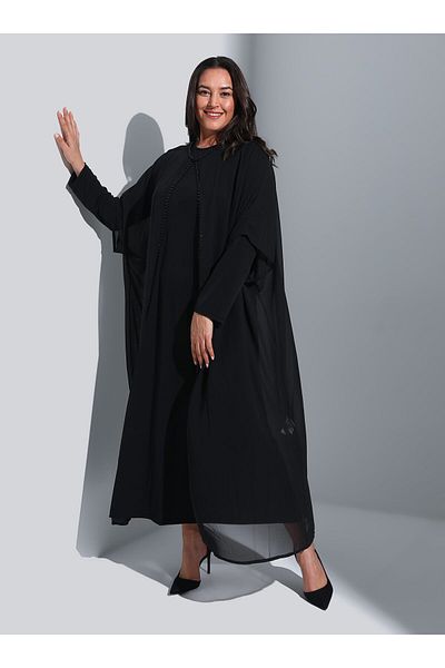 ALİA Plus Size Chiffon Ferace and Dress Set - Bead Detailed - Black - Alia