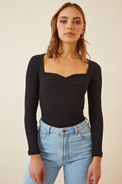 Lovelyİstanbul Žebrovaná pletená halenka se srdcem Lgt0017 černá