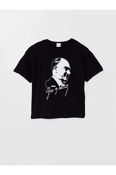 LC Waikiki Tricou pentru fetiță cu imprimeu Ataturk cu gât roșu pentru copii LCW
