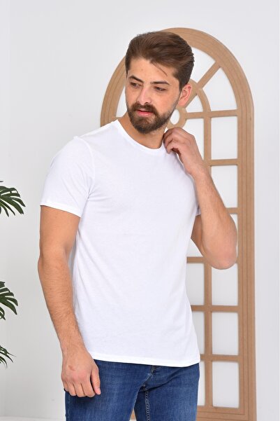 Pamook Erkek Beyaz Regular Fit Bisiklet Yaka %100 Pamuk Kısa Kollu Tişört - Beyaz
