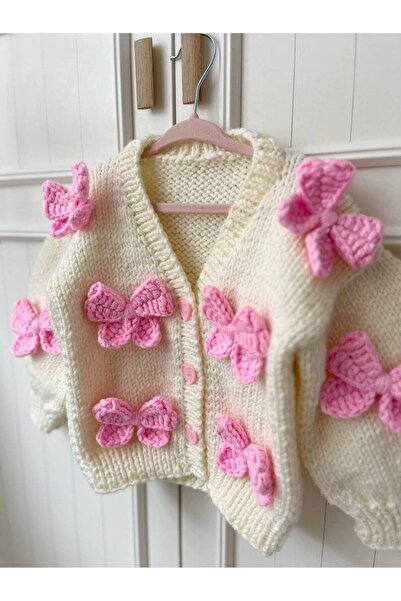 El örgüsü Ribbon Detailed Hand Knitted Girl's Cardigan, Baby Girl's Cardigan