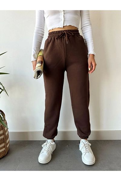 CNRCollection Γυναικείο καφέ χειμερινό φλις με 3 κλωστές ελαστικό βαμβακερό ύφασμα Jogger φούτερ με τσέπες