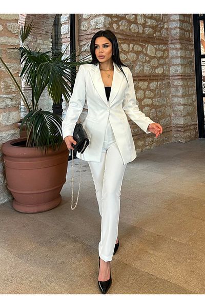 pembekurdelem White Single Button Jacket and Skinny Leg Pants Women's Set