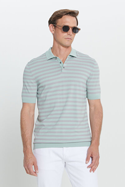 ALTINYILDIZ CLASSICS تي شيرت رجالي من A.YESIL-GRI ذو قصة قياسية وياقة بولو مخططة