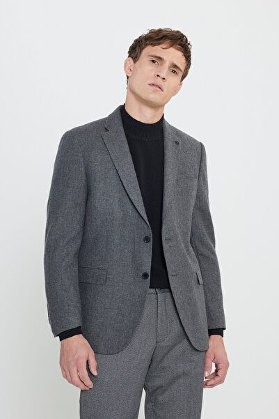 ALTINYILDIZ CLASSICS Ανδρικό γκρι Comfort Fit Άνετο μονόχρωμο μάλλινο μπουφάν με μοτίβο ψαροκόκαλο