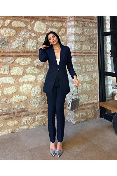 pembekurdelem Kadın Tek Düğmeli Ceket Dar Paça Pantolon Takım Siyah