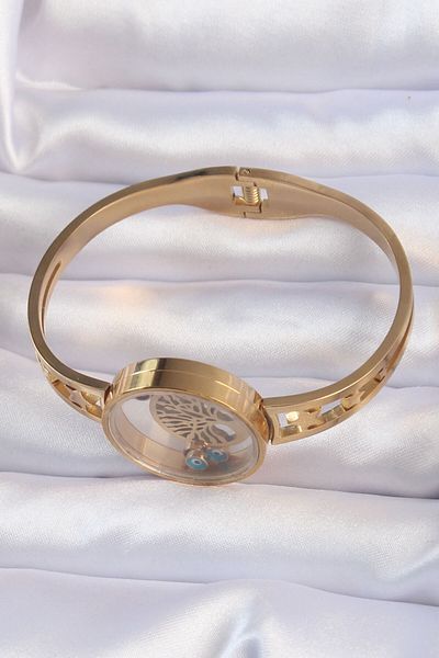 Skygo Gold Colored 316L Steel - Openable Handcuffs with Tree of Life and Evil Eye Bead Detail TJ-BB6158