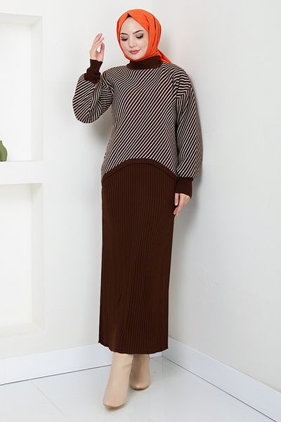 ModaMerve 9003Uz1029-M Model Striped Knitwear Set - Brown