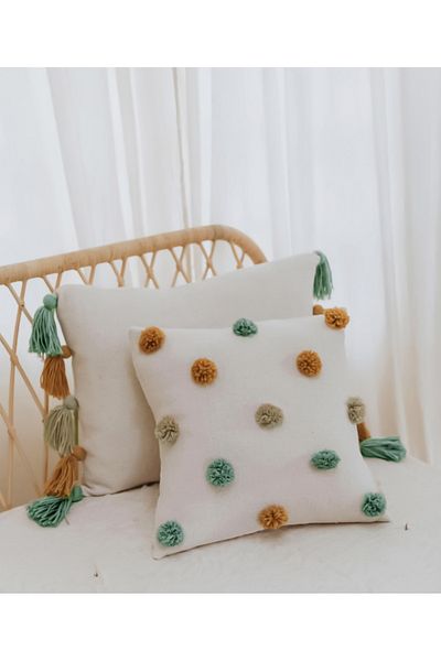 bufidik Κάλυμμα μαξιλαριού Bohemian Style Pompom - Λινό, 43x43