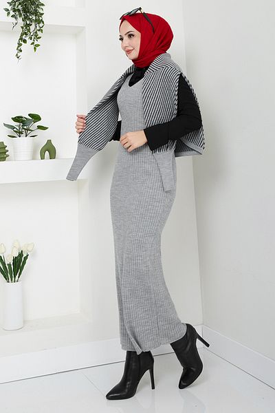 ModaMerve Gray Striped Knitwear Set - 9003Uz1029-M