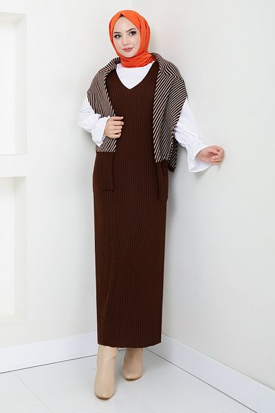 ModaMerve 9003Uz1029-M Model Striped Knitwear Set - Brown