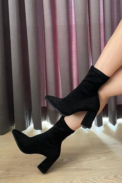 Preshley Dámské semišové černé semišové boty Volga na podpatku o tloušťce 8 cm