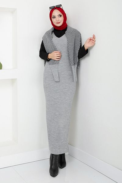 ModaMerve Gray Striped Knitwear Set - 9003Uz1029-M