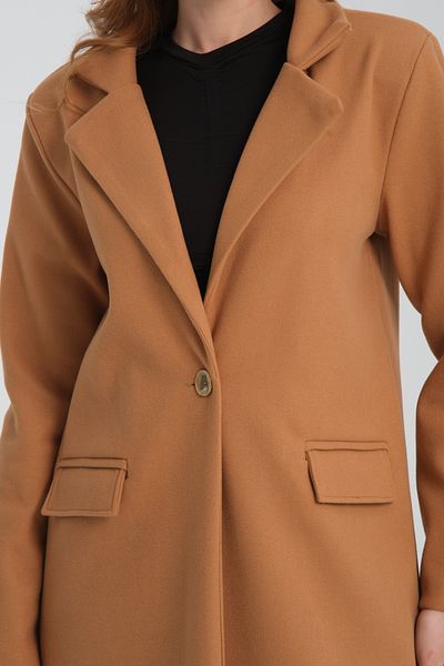 ZERTEX Women's Tan Stamp Coat with Shoulder Padding Oversize Cut Flota Detail Covered Pocket