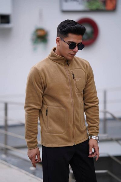 Est Estola Beige Men's Fleece Jacket - Thick Zipper, 3 Pockets, Cotton Fabric