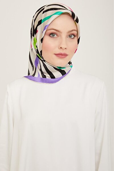 Armine Μωβ - Κρεμ Μεταξωτό Φουλάρι με Σχέδιο Γραμμών Tivil 9101 - 04