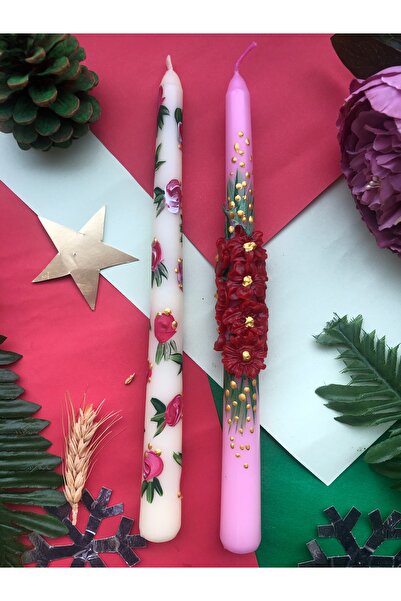 Elif Design 2’li pembe kırmızı çiçekli şamdan mumu seti / el yapımı noel mum