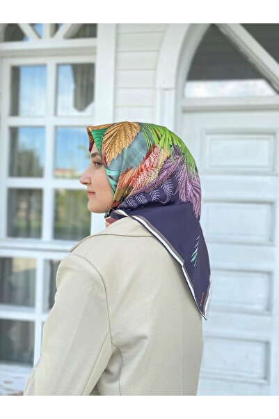 Seyra Eșarfă din mătase Tivil cu model de frunze bleumarin 3552