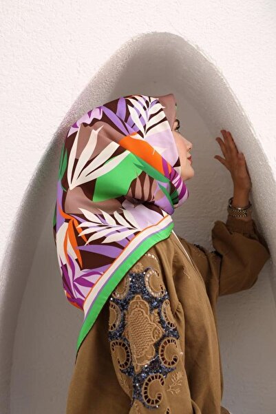 Silk Home Μεταξωτό μαντήλι με μοτίβο πράσινο-μωβ φύλλο 11406-31