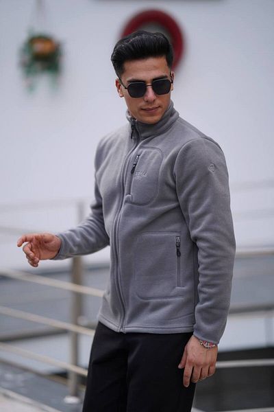 Est Estola Men's Winter Gray Fleece Jacket - Thick Full Zip, 3 Pockets, Cotton Fabric