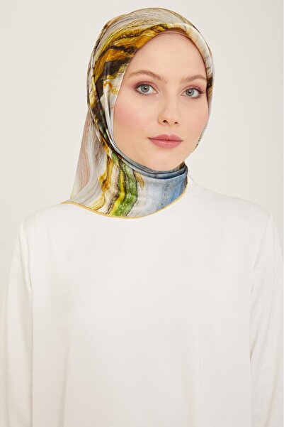 Armine Eșarfă din mătase Tivil gri - model batik muștar 9102 - 36