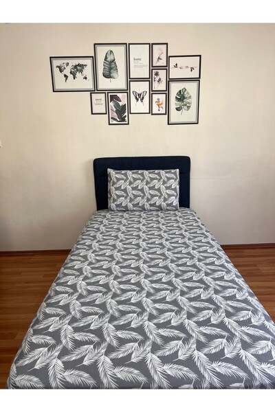 Touch Fitted Elastic Sheet Set (Pillowed) Single Double Feather Pattern Gray White