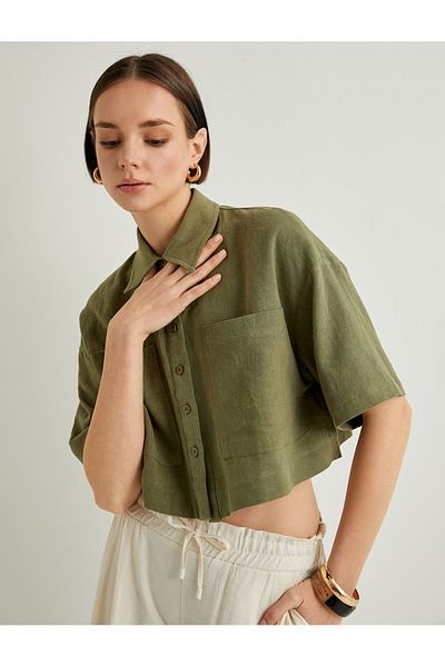 Koton Oversize Crop Shirt - Viscose Linen Blend, Buttoned, Short Sleeve and Pocket