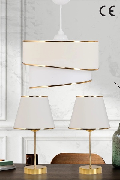 Genel Markalar Kumaş Galaksi Modern Pasta Tekli Ve 2 Li Gold Abajur Seti