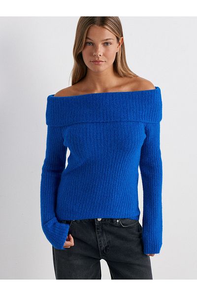 Dilvin 10649 Bardot Collar Ribbed Knitwear Sweater-Sax