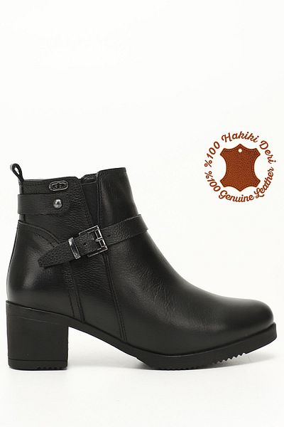 GÖNDERİ(R) Schwarze Floater-Damenstiefel aus echtem Leder mit Reißverschluss und dickem Absatz