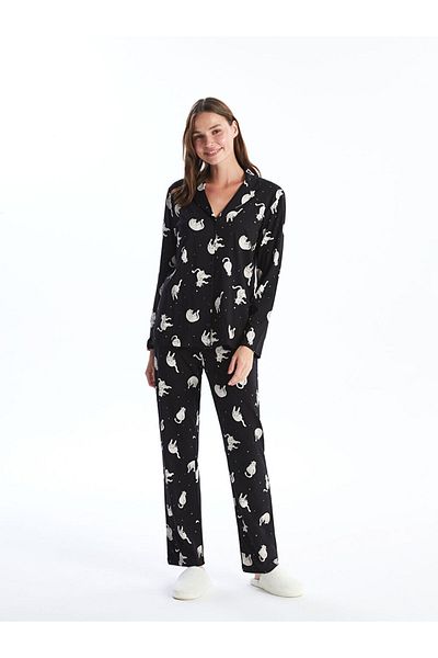 LC Waikiki Set pijamale damă cu guler cămașă cu imprimeu negru - Young